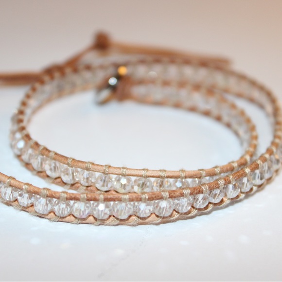Crystal Bracelet with Brown Leather Trim - Picture 1 of 4